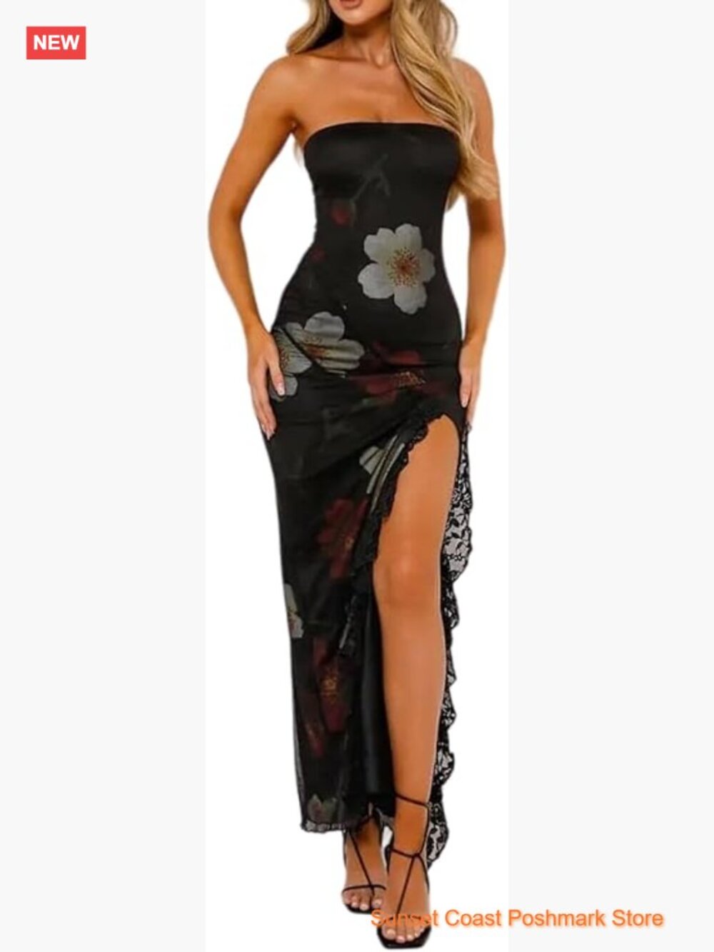 Strapless Tube Maxi Dress High Split Lace Trim Bodycon Long Dress